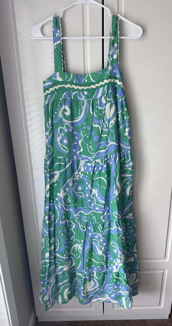 Lalavon Maxi Dress Size M Green Blue Abstract Pattern Tiered Summer
